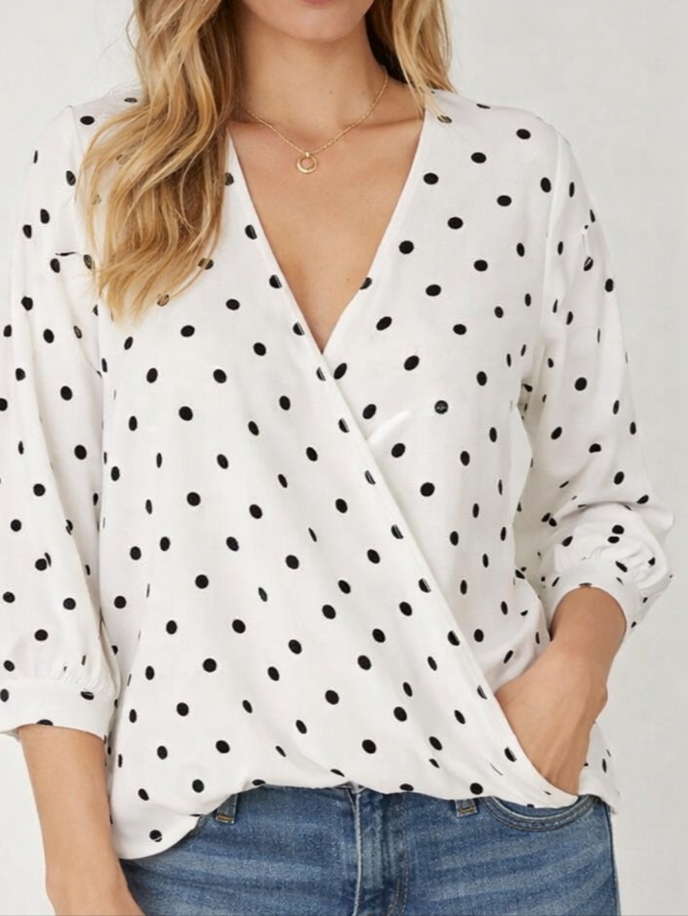 Banana Republic White & Black Polka Dot Faux Wrap Blouse | 3/4 Sleeve | Size M